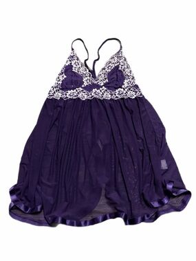 Y2K Vintage Sheer Floral Lace Babydoll Slip Teddy Open Back (Purple/White) L